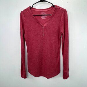 Waffle Knit Henley Shirt M 8-10 Women Heather Red Long Sleeve Time and Tru Y2K